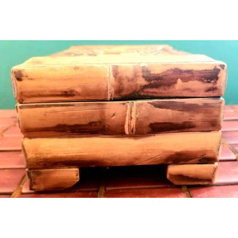 Vintage Bamboo & Wooden Jewelry Box With Brass Hardware Felt Lined
